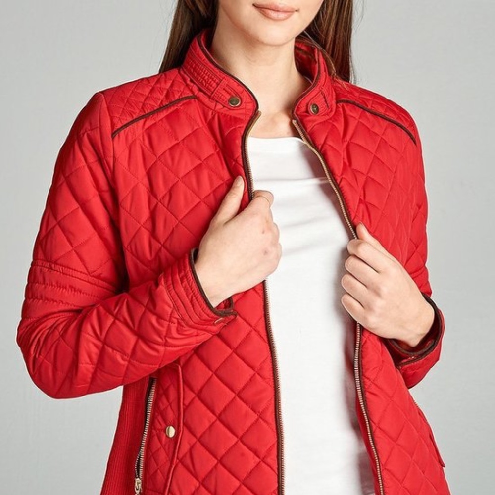 QUILTED PADDING JACKET VWITH SUEDE PIPING DETAILS